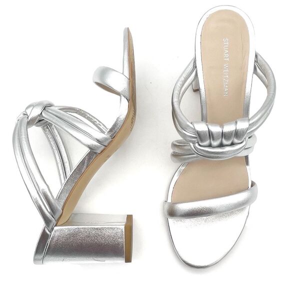 Stuart Weitzman Twist 75 Knot Block Heel Sandal Metallic Silver Leather Size 7.5 - Picture 5 of 16